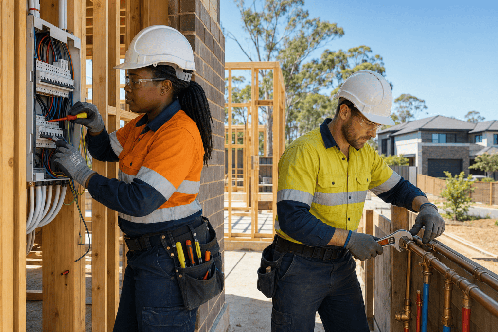 black female electrician and an white plumber at work
